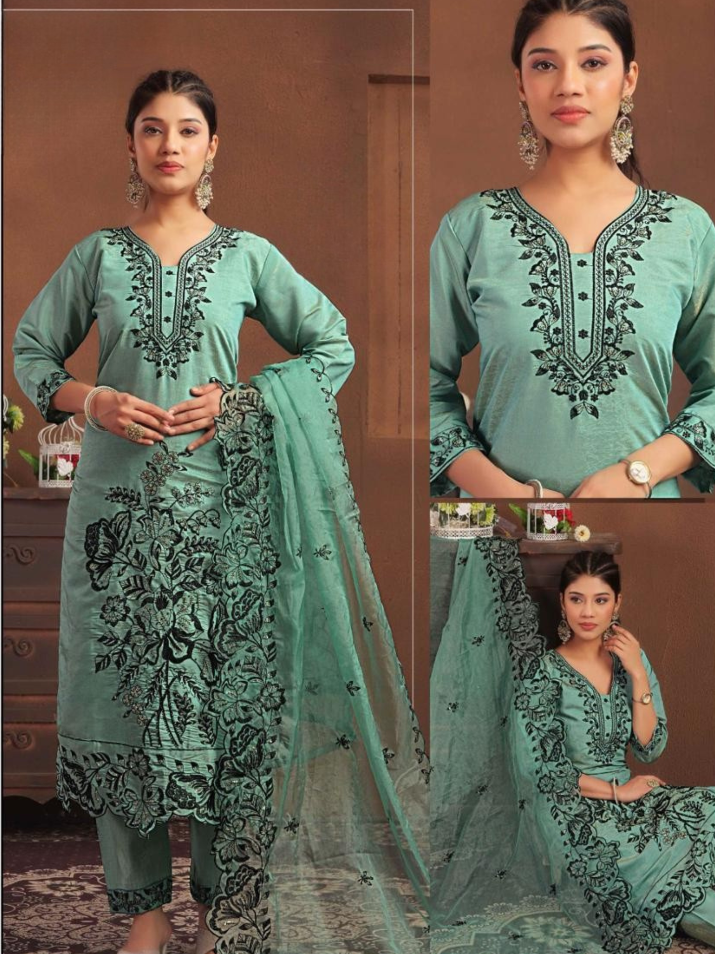 Mint Green Silk Blend Embroidered Kurta Set with Printed Dupatta - Plus Size Festive Wear (3XL-5XL)