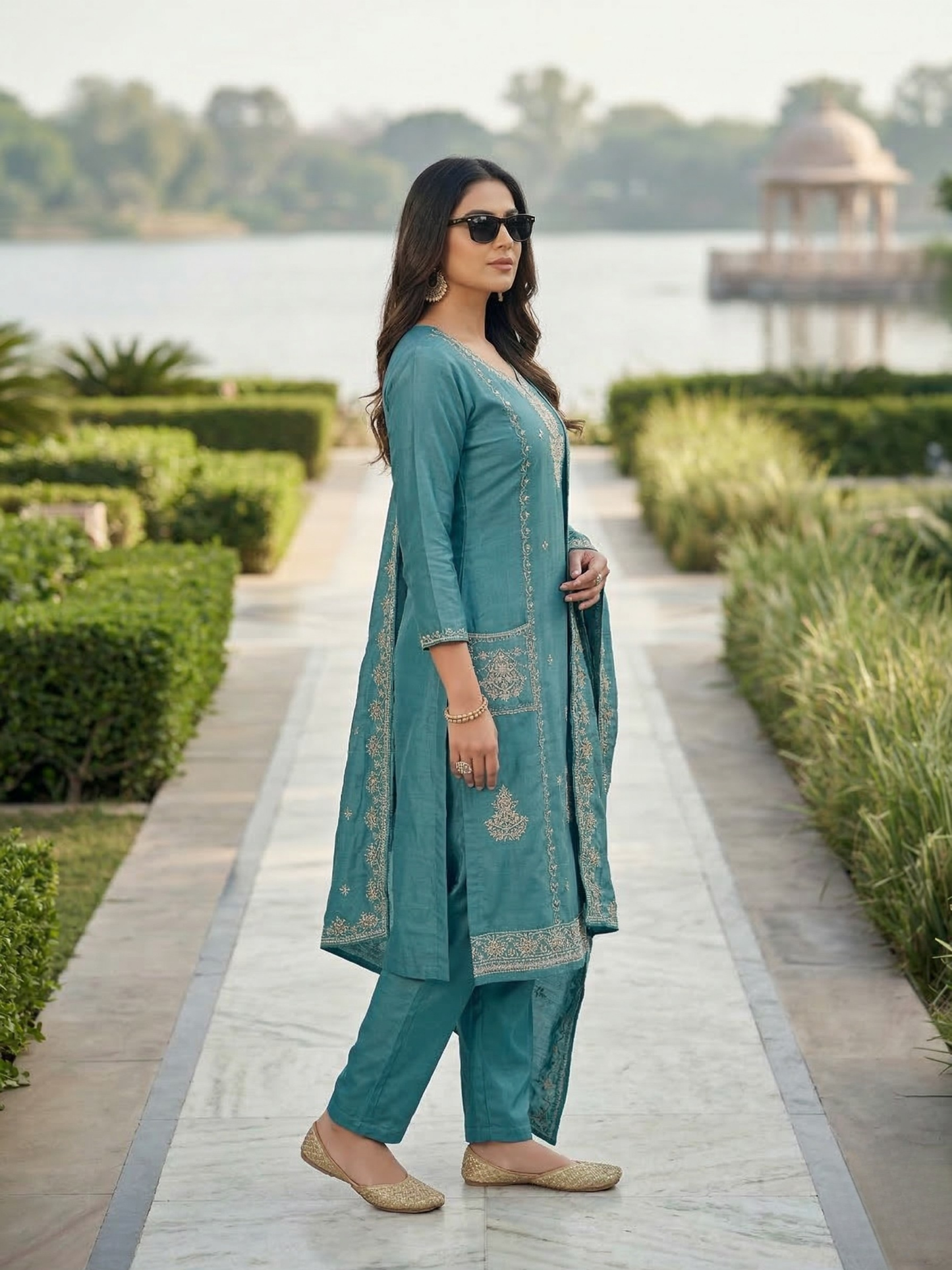 Teal Blue Embroidered Silk Blend Kurta Pant Set with Dupatta – Elegant Festive Wear | Plus Size (3XL, 4XL, 5XL)