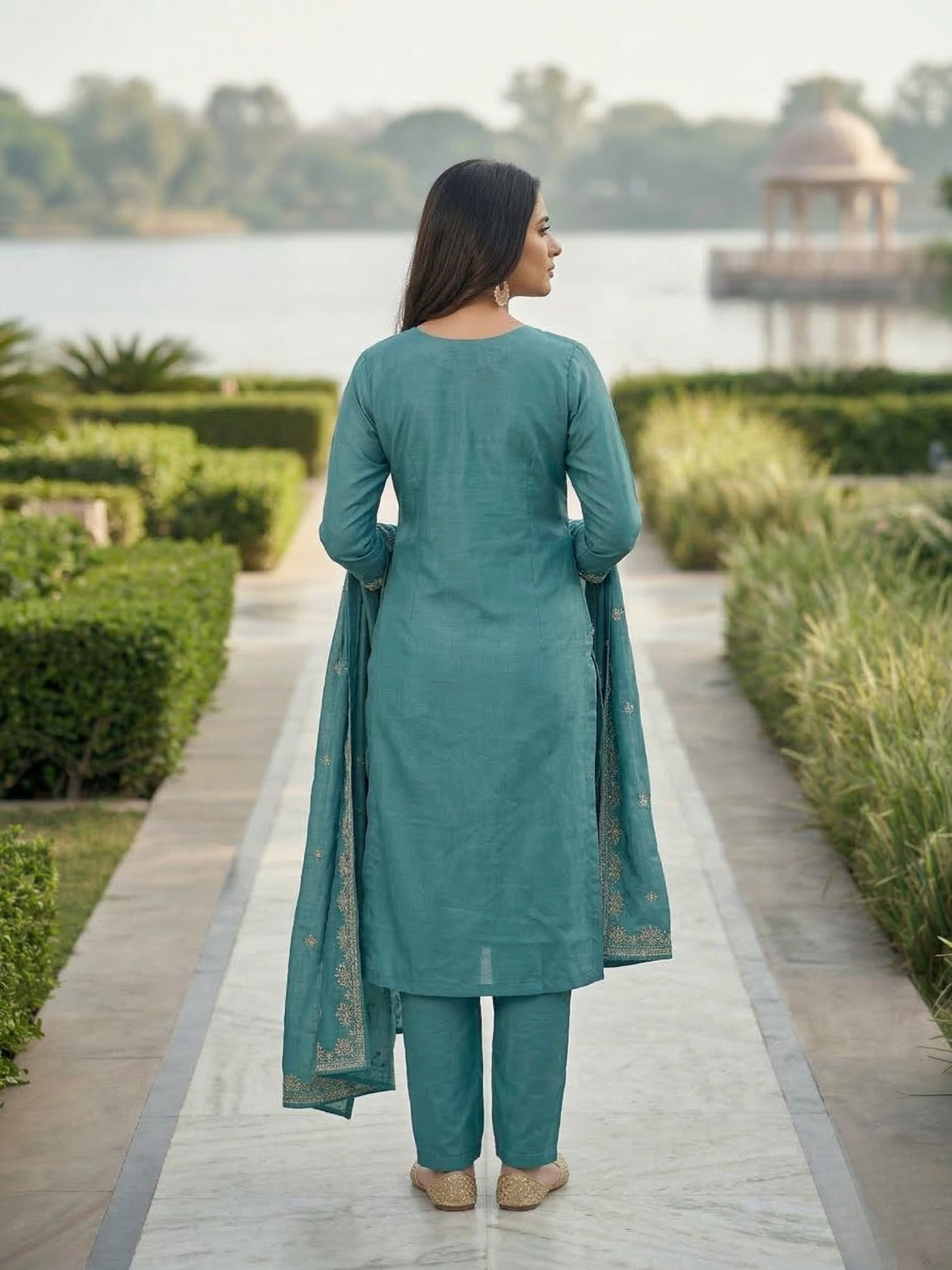 Teal Blue Embroidered Silk Blend Kurta Pant Set with Dupatta – Elegant Festive Wear | Plus Size (3XL, 4XL, 5XL)