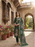 Women’s Emerald Green Kurta Pant Set with Floral Dupatta | Plus Size 3XL-5XL