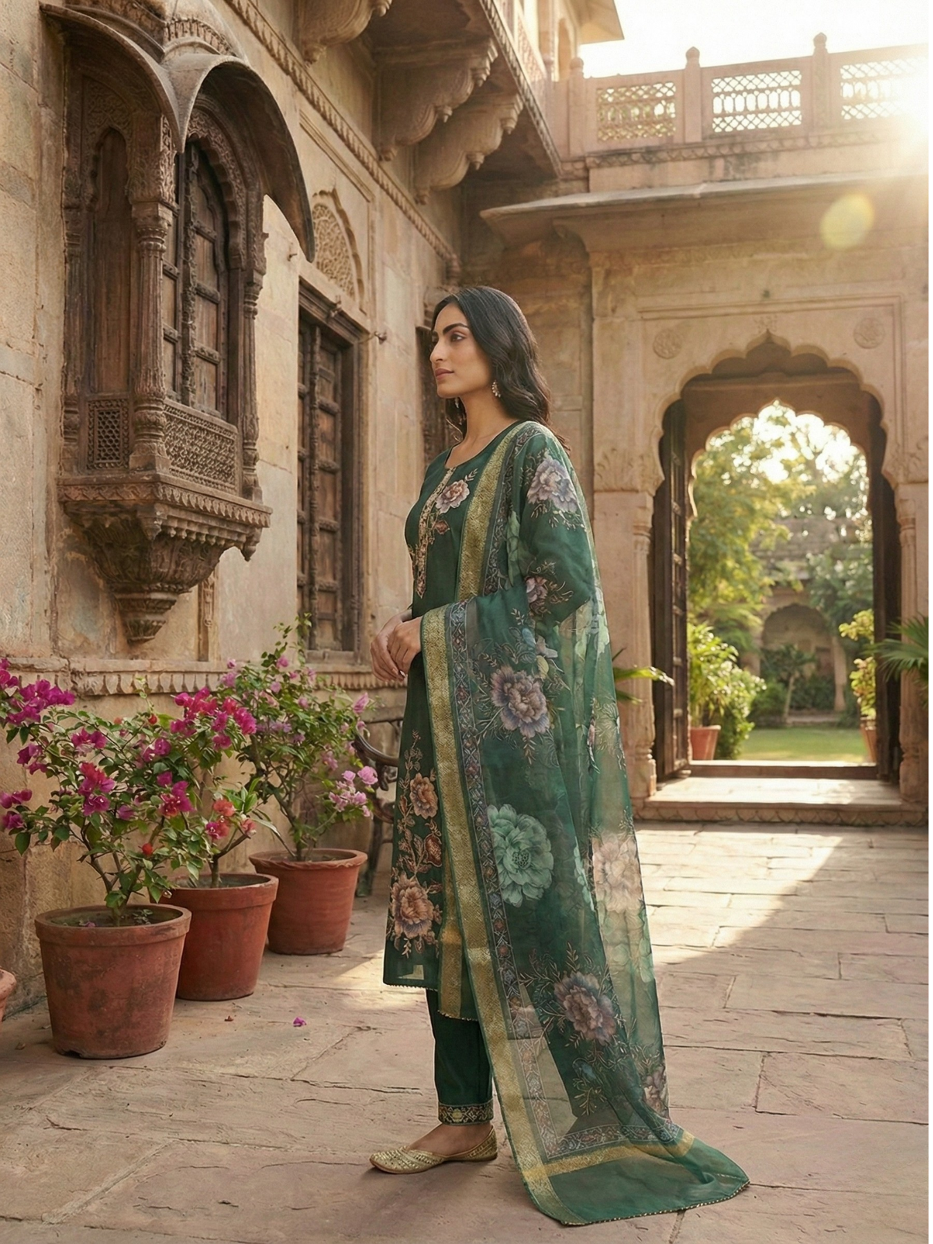 Women’s Emerald Green Kurta Pant Set with Floral Dupatta | Plus Size 3XL-5XL