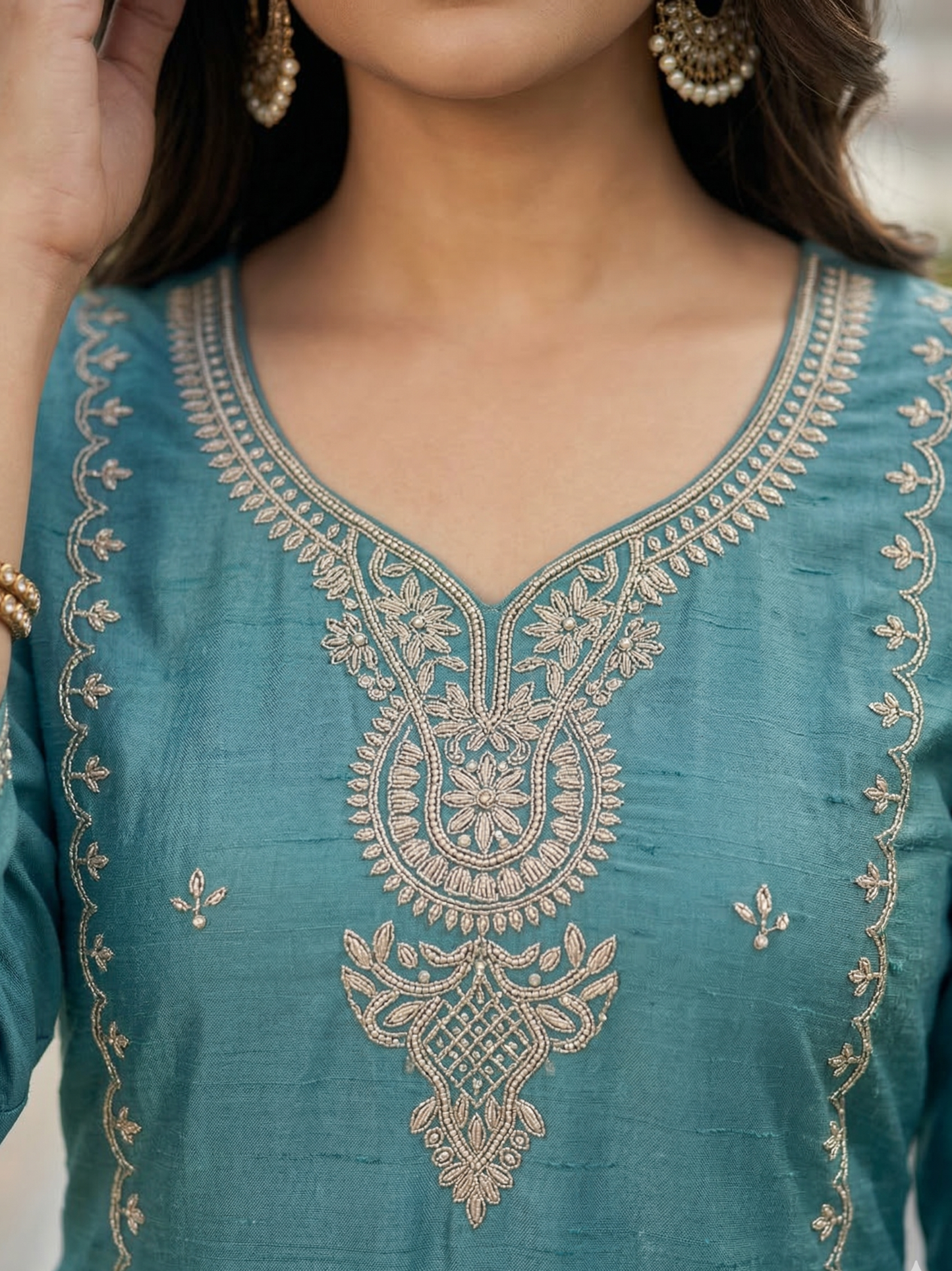 Teal Blue Embroidered Silk Blend Kurta Pant Set with Dupatta – Elegant Festive Wear | Plus Size (3XL, 4XL, 5XL)