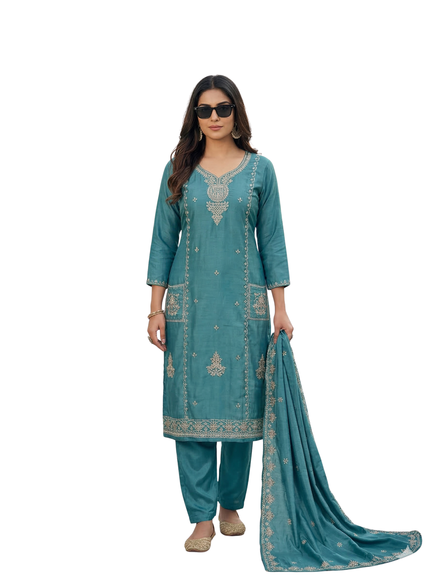 Teal Blue Embroidered Silk Blend Kurta Pant Set with Dupatta – Elegant Festive Wear | Plus Size (3XL, 4XL, 5XL)