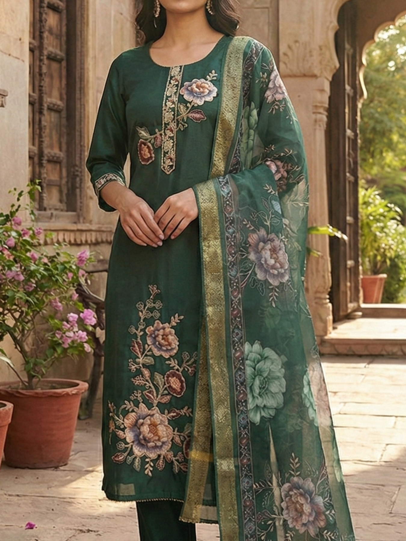 Women’s Emerald Green Kurta Pant Set with Floral Dupatta | Plus Size 3XL-5XL