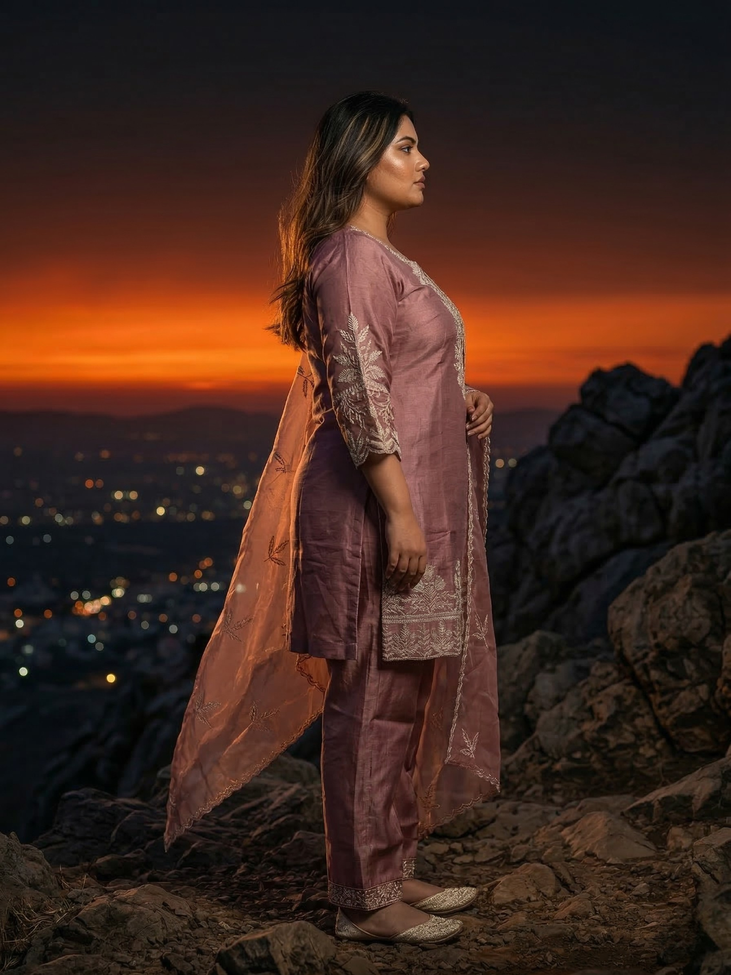 Mauve Wine Embroidered Silk Blend Kurta Pant Set with Sheer Dupatta – Evening Festive & Wedding Wear | Plus Size (3XL, 4XL, 5XL)