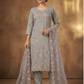 Women’s Grey Embroidered Kurta Pant Set with Net Dupatta | Plus Size 3XL-5XL