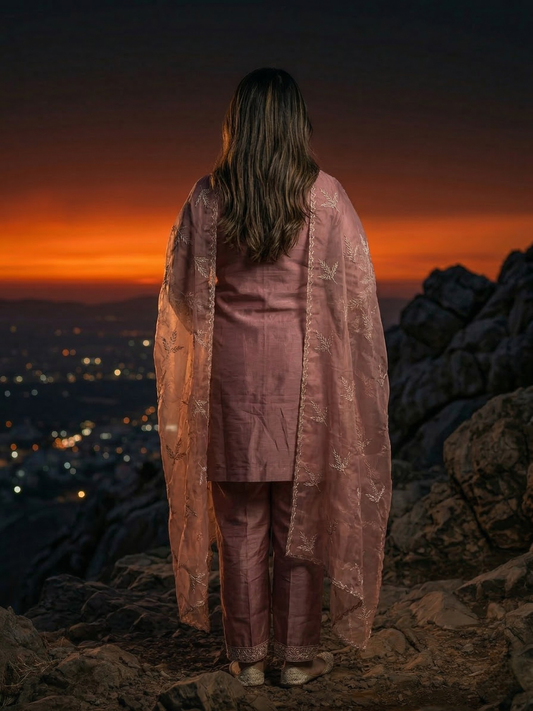 Mauve Wine Embroidered Silk Blend Kurta Pant Set with Sheer Dupatta – Evening Festive & Wedding Wear | Plus Size (3XL, 4XL, 5XL)