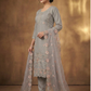 Women’s Grey Embroidered Kurta Pant Set with Net Dupatta | Plus Size 3XL-5XL