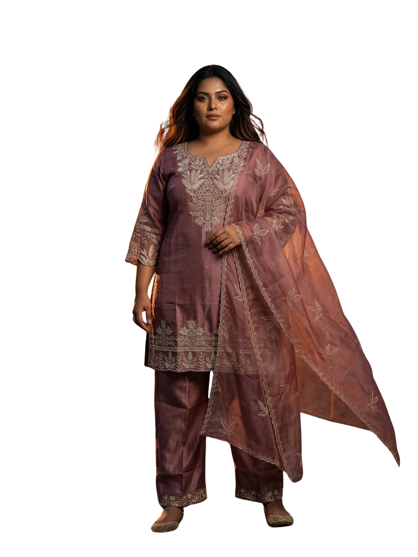 Mauve Wine Embroidered Silk Blend Kurta Pant Set with Sheer Dupatta – Evening Festive & Wedding Wear | Plus Size (3XL, 4XL, 5XL)