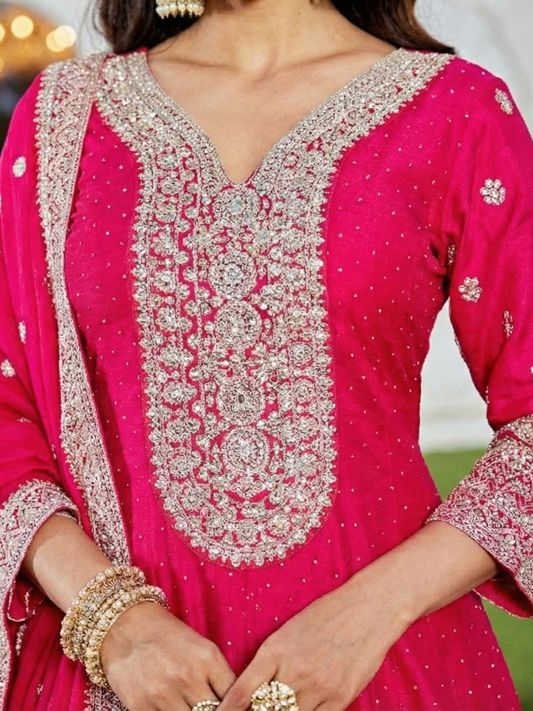 Rani Pink Tissue Suit Set for Women | 3-Piece Anarkali Kurta, Palazzo & Dupatta with Heavy Work | Festive & Wedding Wear