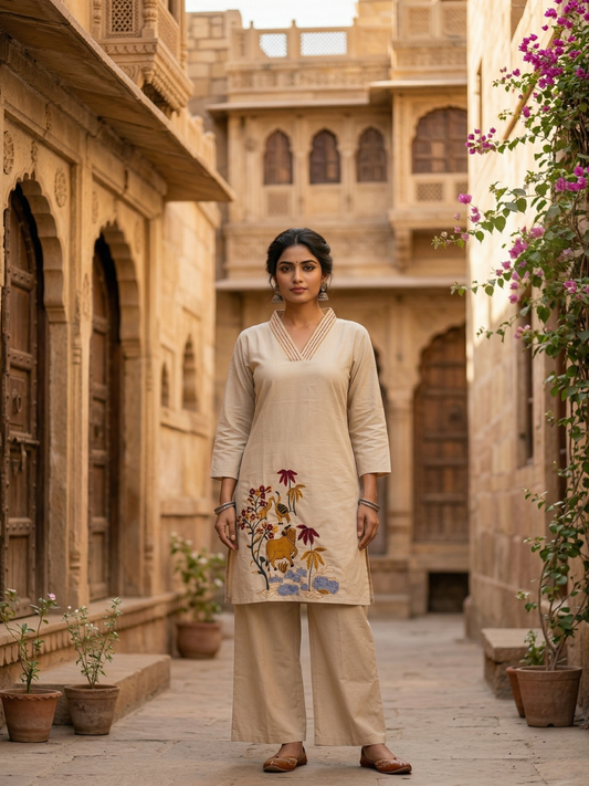 Beige Folk Embroidered Pure Cotton Kurta Pant Set | Summer Collection | Sizes M to XXL