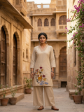 Beige Folk Embroidered Pure Cotton Kurta Pant Set | Summer Collection | Sizes M to XXL
